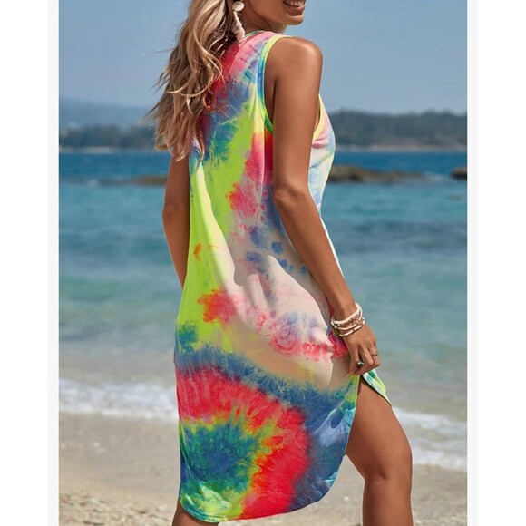 NEW Women's Tie Dye Sleeveless Split Midi Tank Dress - Picture 2 of 5